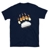 Navy shirt with bear paw graphic in pride flag colors, gay bear pride apparel.