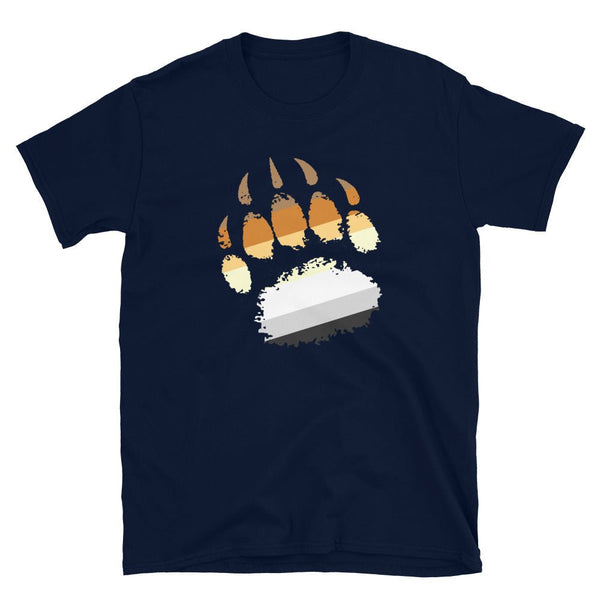 Navy shirt with bear paw graphic in pride flag colors, gay bear pride apparel.