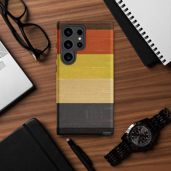 Gay Bear Pride Flag Wooden Texture Print Case for Samsung® on wooden desk.