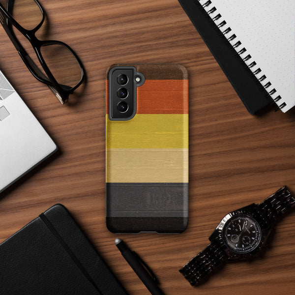 Gay Bear Pride Flag Wooden Texture Print Case for Samsung® on a desk surface.