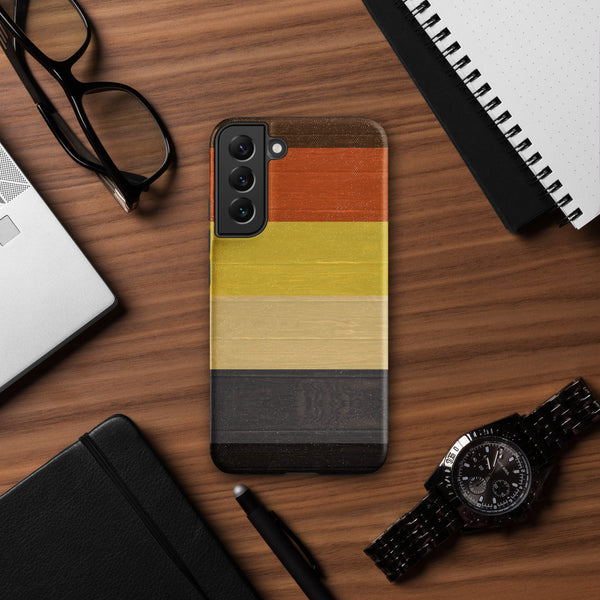 Gay Bear Pride Flag Wooden Texture Print Case for Samsung® on a wooden desk.