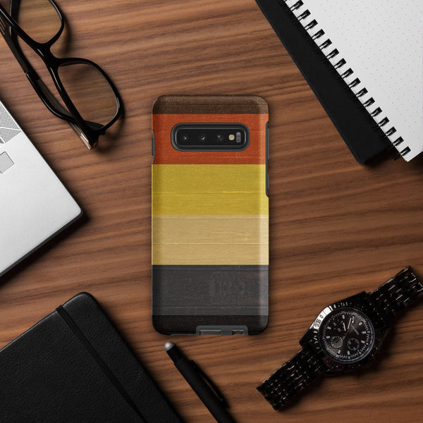 Gay Bear Pride Flag Wooden Texture Print Case for Samsung® on wooden surface with accessories.