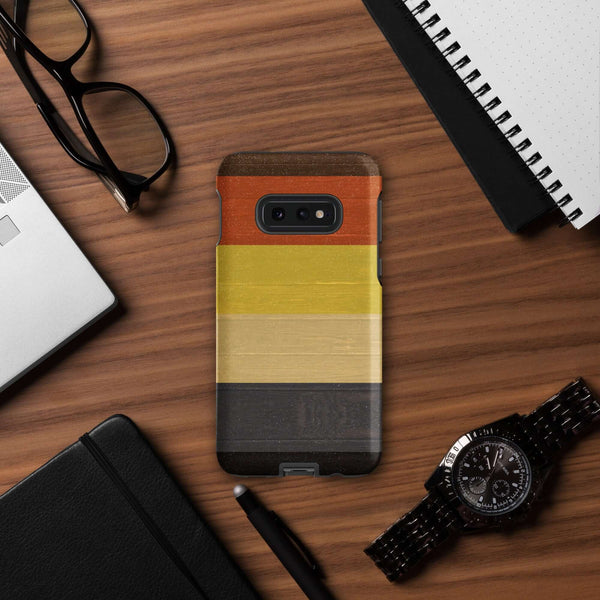 Gay Bear Pride Flag Wooden Texture Print Case for Samsung® on wooden desk with accessories.