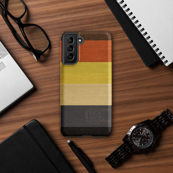 Gay Bear Pride Flag Wooden Texture Print Case for Samsung® displayed on a wooden desk.