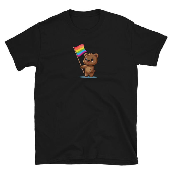 Gay Bear Pride Shirts LGBTQ Ally Gift Shark Rainbow Gay Flag Funny LGBTQ Pride featuring cartoon bear holding rainbow flag.