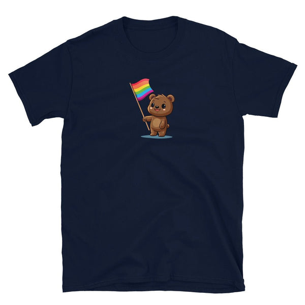 Gay Bear Pride Shirts LGBTQ Ally Gift Shark Rainbow Gay Flag Funny LGBTQ Pride navy t-shirt with cute bear holding rainbow flag.