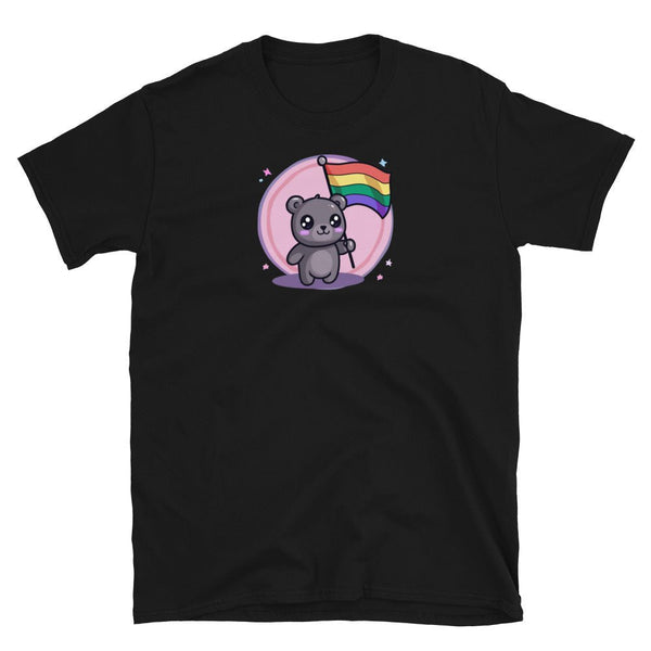 Cute black t-shirt featuring a bear holding a rainbow flag design.