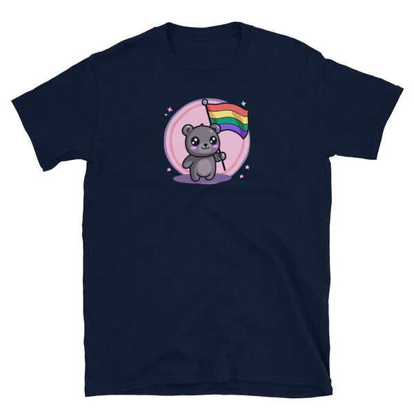 Gay Bear Pride Shirts LGBTQ Ally Gift Shark Rainbow Gay Flag Funny LGBTQ Pride shirt featuring a cute bear holding a rainbow flag.