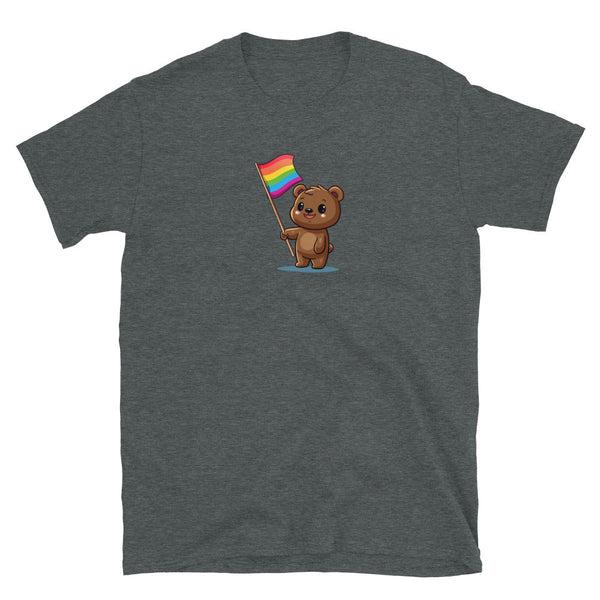 Cute bear holding rainbow flag on a grey gay pride shirt.