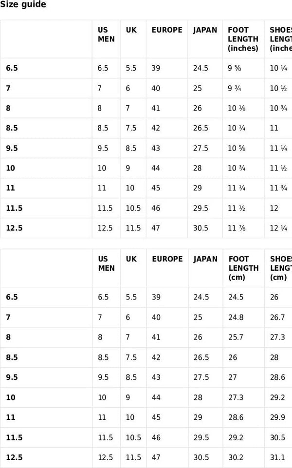 Size guide for men's shoe sizes in US, UK, Europe, and Japan.