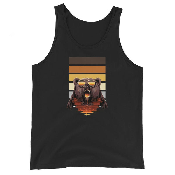 Black tank top featuring a roaring bear graphic with sunglasses, perfect for gay bear pride.