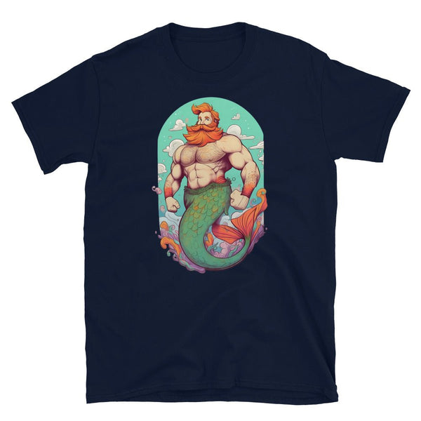 Navy blue t-shirt featuring a muscular merman in a bear pride design.