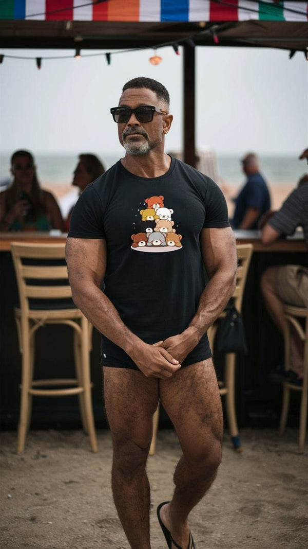 Muscle man wearing Gay Bear Shirt at beach bar, featuring bear graphics.