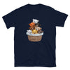 Navy blue shirt featuring a stack of cute cartoon bears in a basket.