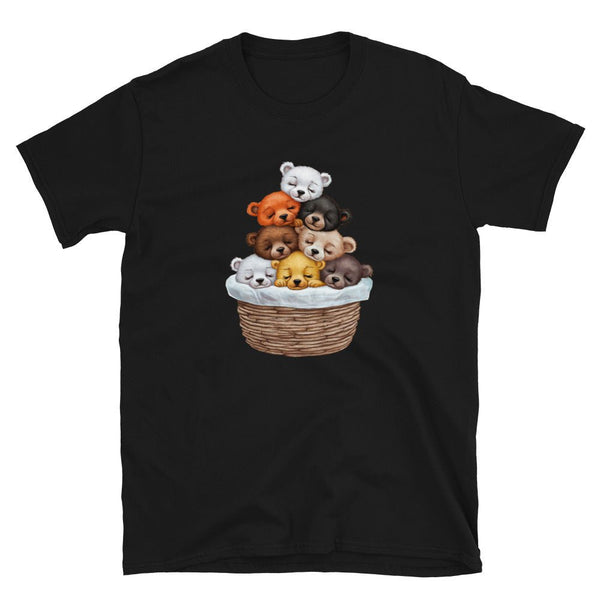 Black shirt featuring cute cartoon bears in a basket, ideal for gay pride apparel.