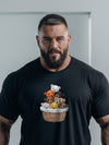 Model wearing gay bear shirt featuring cartoon bears in a basket design.
