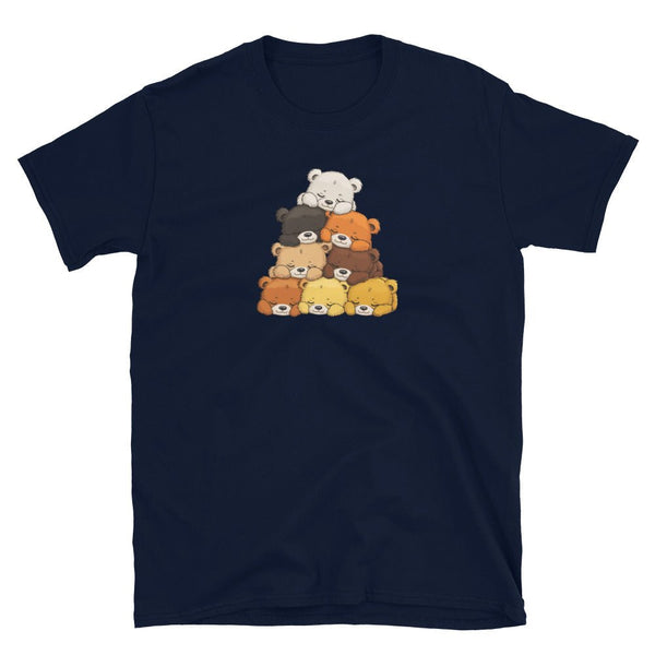 Gay Bear Shirt featuring a colorful stack of cartoon bears on a navy t-shirt.