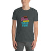 Adult wearing a dark shirt with vibrant 'Bears Just Wanna Have Fun' graphic, gay pride apparel.