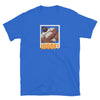 Gay Daddy Bear Illustration on blue gay shirt with "WOOF!" text.