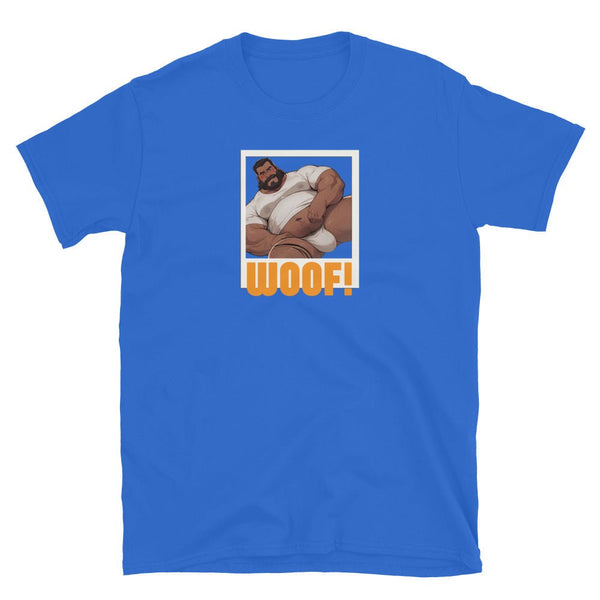 Gay Daddy Bear Illustration on blue gay shirt with "WOOF!" text.