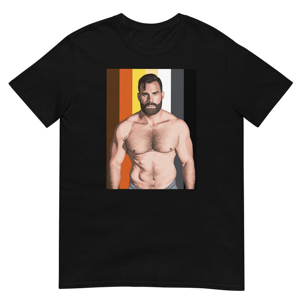Black gay bear t-shirt featuring a shirtless model and pride colors.