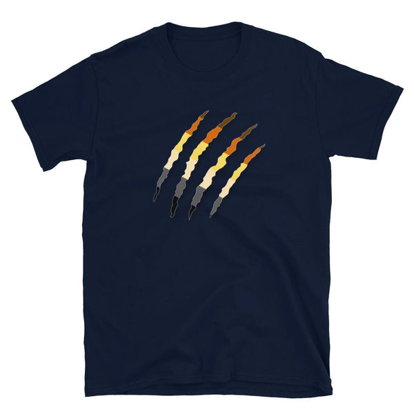 Navy blue gay shirt with claw marks in Bear Pride flag colors.