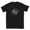 Gay Bear T-Shirt featuring claw marks in bear pride colors on black fabric.