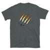 Gray t-shirt with claw mark design in bear pride colors.
