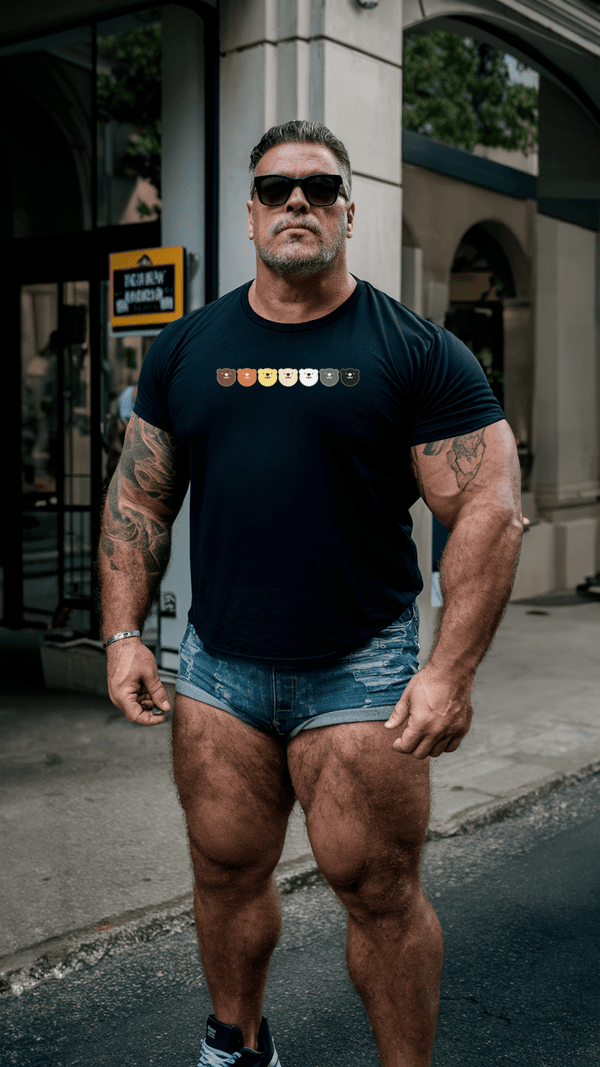 Muscular man in gay bear shirt, wearing sunglasses, showcasing pride apparel.
