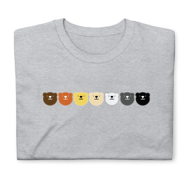 Gray gay bear shirt featuring cute cartoon bear faces in various colors.