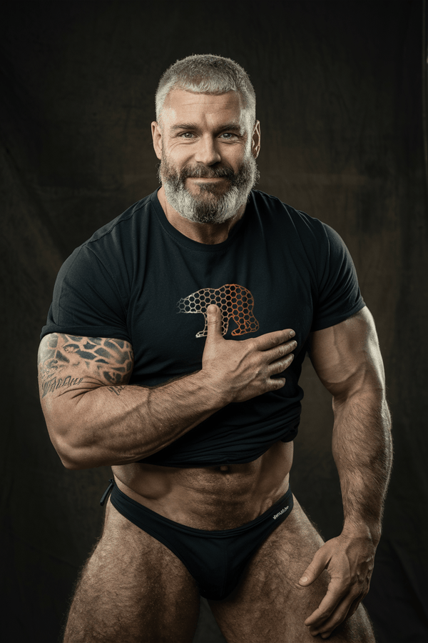 Muscular man wearing Gay Bear T-shirt with geometric bear design, showcasing LGBT pride.