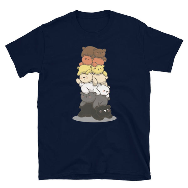 Gay Bear T-shirt featuring stacked cartoon bears design on navy fabric.