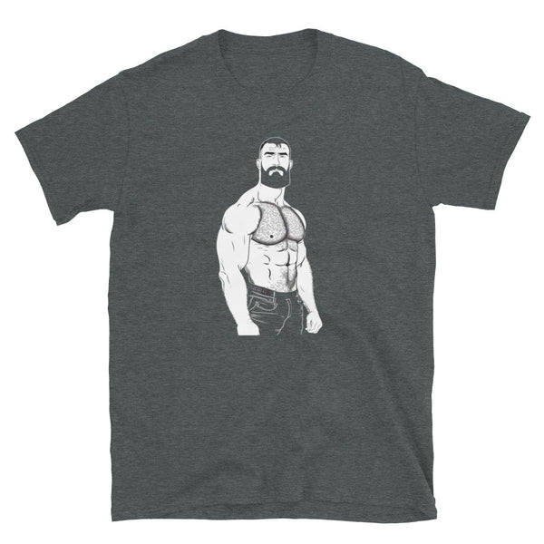 Gay Bear T-Shirt featuring muscle bear graphic design on dark heather fabric.
