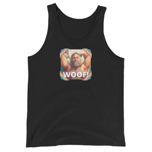 Gay Bear Tank, Bear Pride Flag Colours Tank Top, featuring 'WOOF!' graphic on black background.