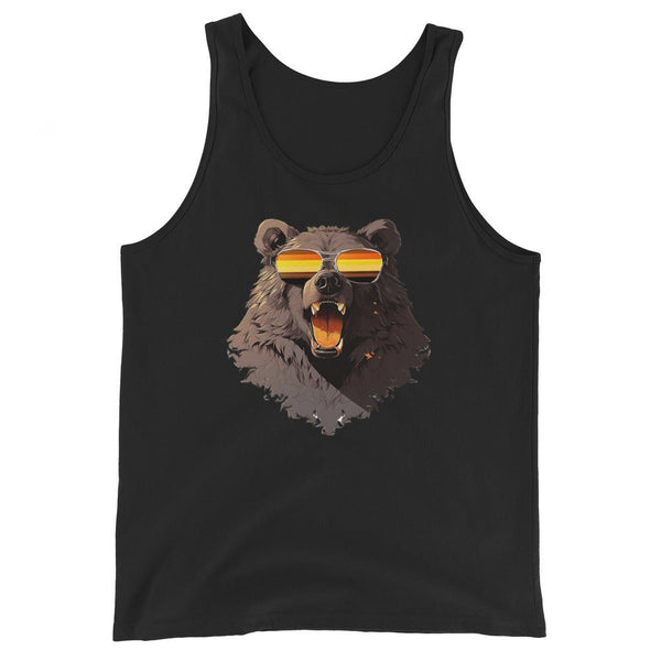 Gay Bear Tank Top, Bear Pride Flag featuring bear graphic with sunglasses on black fabric.