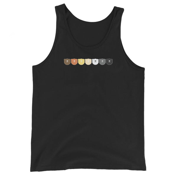 Gay Bear Tanktop Bear Pride Flag Colours with colorful bear graphics on a black shirt.