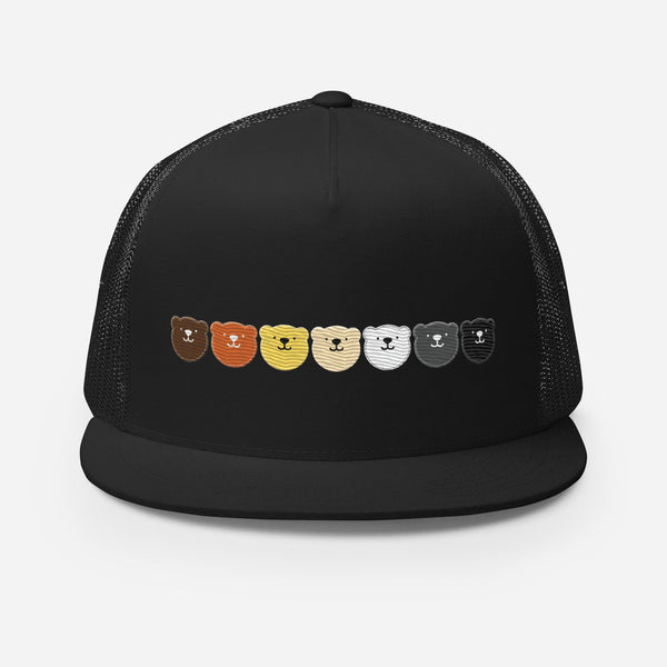Gay Bear Trucker Hat - Gay Bear Pride LGBTQIA with bear face graphics on black cap.