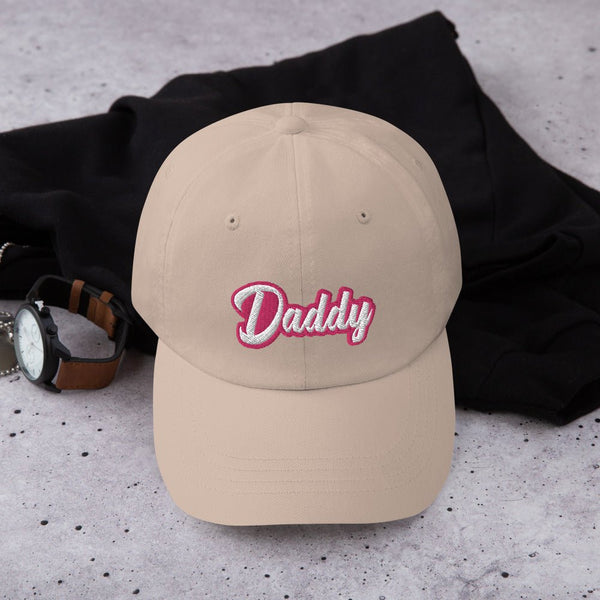 Gay Dad cap Gay Daddy hat in beige with embroidered Daddy text, perfect for gay pride apparel.