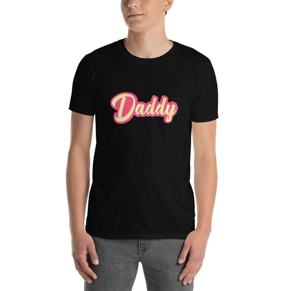 Model wearing a black Gay Dad Shirt Gay Daddy T-Shirt with pink lettering.