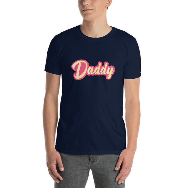 Navy blue gay dad shirt with 'Daddy' graphic, perfect for LGBT pride apparel.