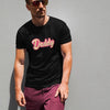Man in black shirt with 'Daddy' text, showcasing gay dad shirt design.
