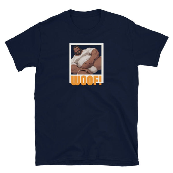 Gay Daddy Bear Illustration - Gay pride shirt on navy, featuring cartoon man saying Woof!