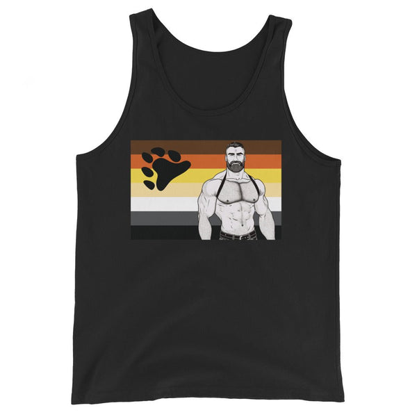Gay Daddy Bear Pride Flag - Tank Top featuring a muscular man with bear paw design.