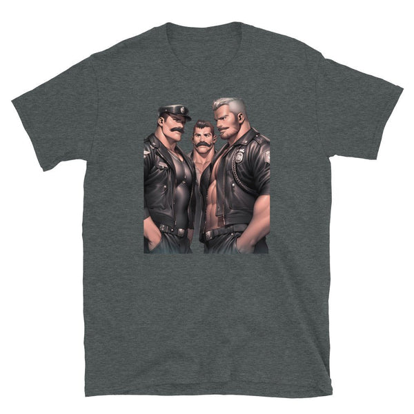 Gay Daddy Bear Shirt - Gay Men leather pride, older muscle bear daddy Shirt with graphic featuring three muscular men.