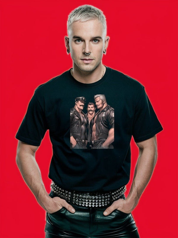 Gay Daddy Bear Shirt - Gay Men leather pride, older muscle bear daddy Shirt worn by model in black tee.