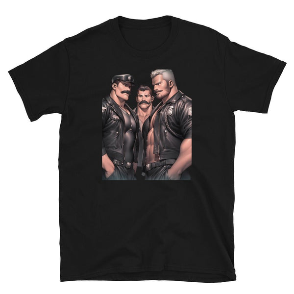 Gay Daddy Bear Shirt - Gay Men leather pride, older muscle bear daddy Shirt featuring three muscular men in leather.