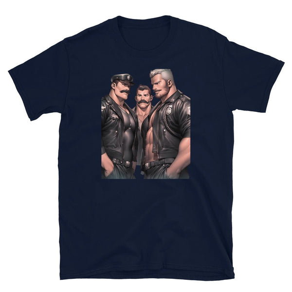 Graphic gay daddy bear shirt featuring muscular men in leather attire.