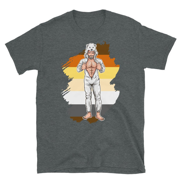 Gay Daddy Bear Shirt - Polar Bear Onesie with muscular model and pride colors.