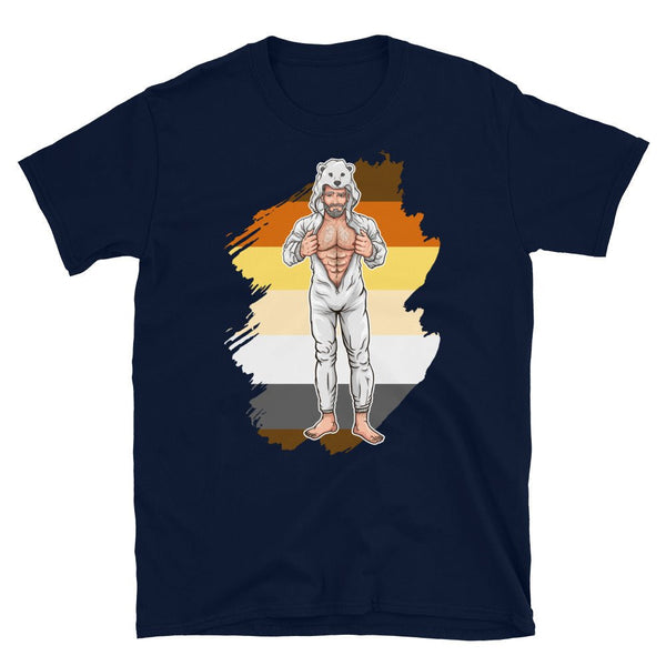 Gay Daddy Bear Shirt - Polar Bear Onesie featuring a muscular man in bear costume.