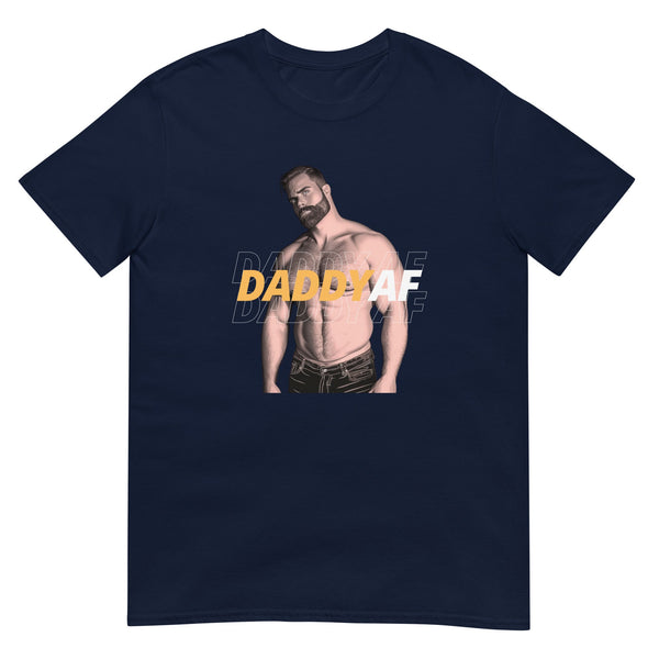 Navy blue gay pride shirt featuring muscular man and 'DADDY AF' graphic.